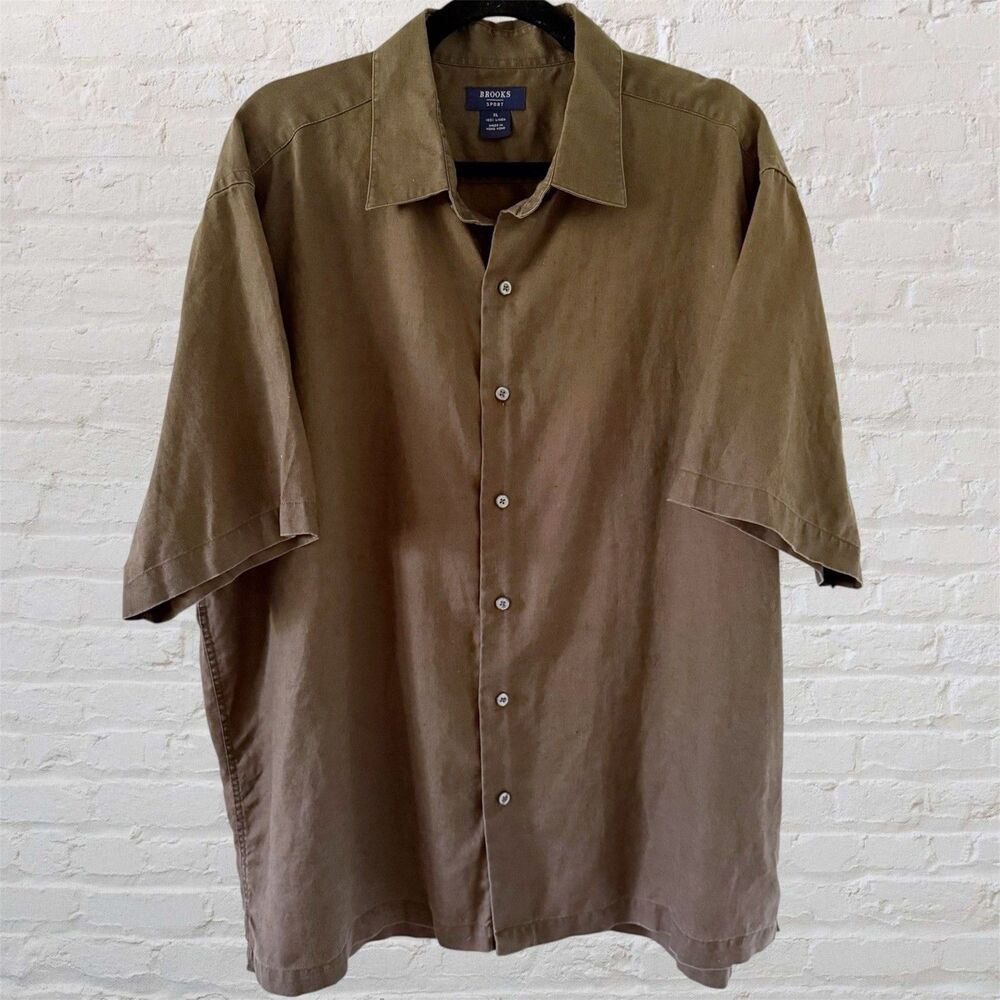 Brooks Brothers Sport 100% Linen Shirt Men’s XL Brown Green Color Short Sleeve